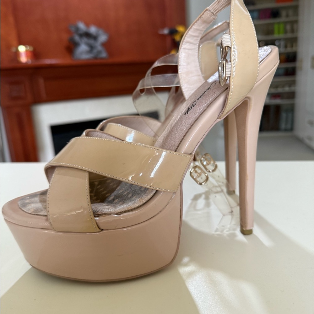 Nude Patent Platform Stiletto Sandals with Ankle Strap